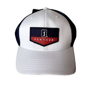 PGA Tour American Trucker Style Golf Hat Mens‎ One Size White & Blue UPF NEW